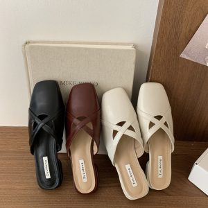 French Design Cutout Peep Toe Half Slippers for Women Spring Summer New Style with Dress Mule Shoes Low Heel