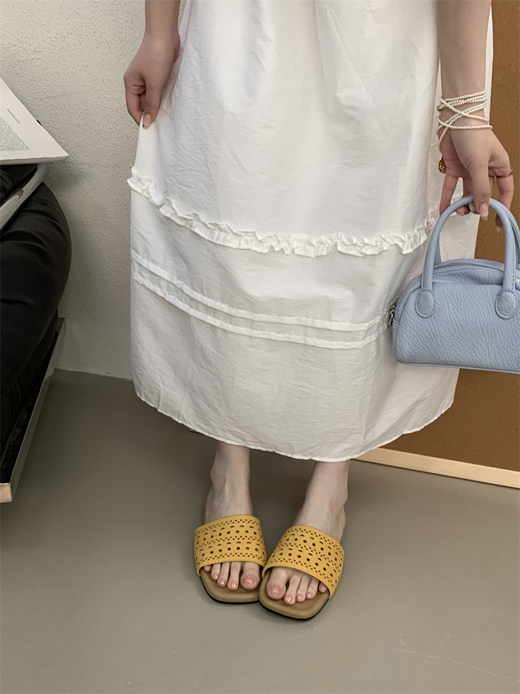Retro Hollow Out One-Strap Square Toe Flat Sandals for Women Summer Fashion Casual Beach Slippers - Image 4