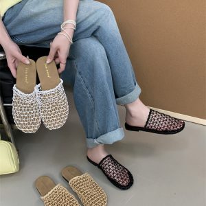 Women's Woven Mesh Slingback Slippers 2025 Summer Flat Retro Roman Sandals