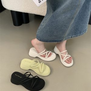 Women's Summer Platform Slippers with Height Increase, Black White Lemon Yellow, Korean Style