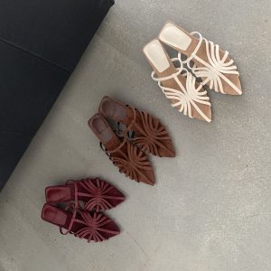 DIAIRIZ 2026 Summer Women's Woven Hollow Pointed Toe Mule Sandals with Kitten Heel